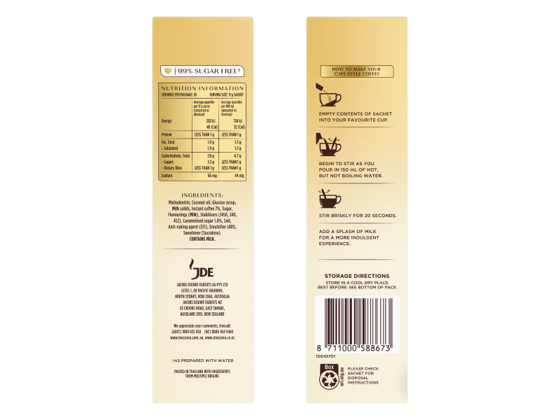 Moccona Caramel Latte Sugar Free 10pk 4058414 SIDES PDP JDE Professional