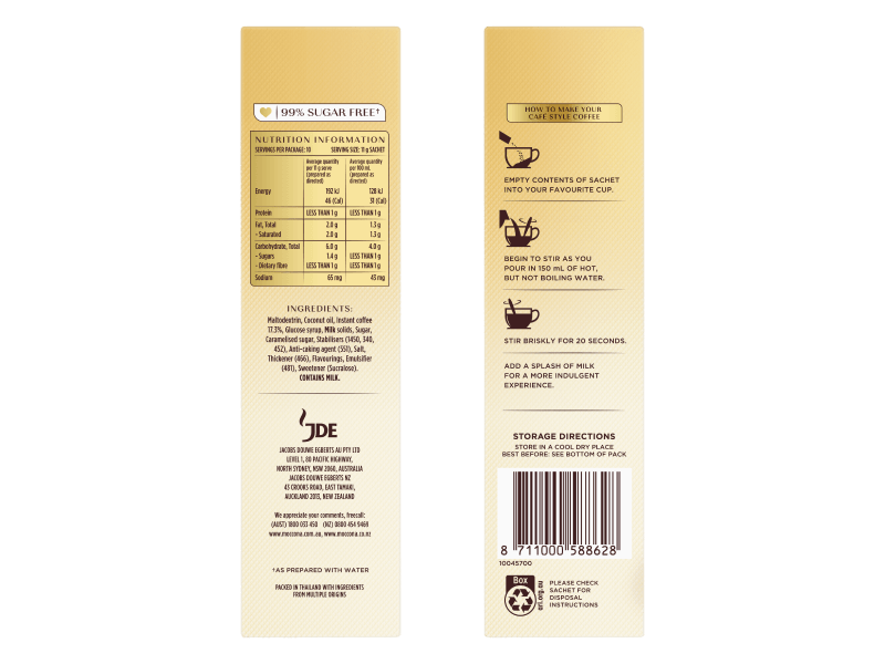 Moccona Cappuccino Sugar Free 10pk 4058413 SIDES PDP JDE Professional